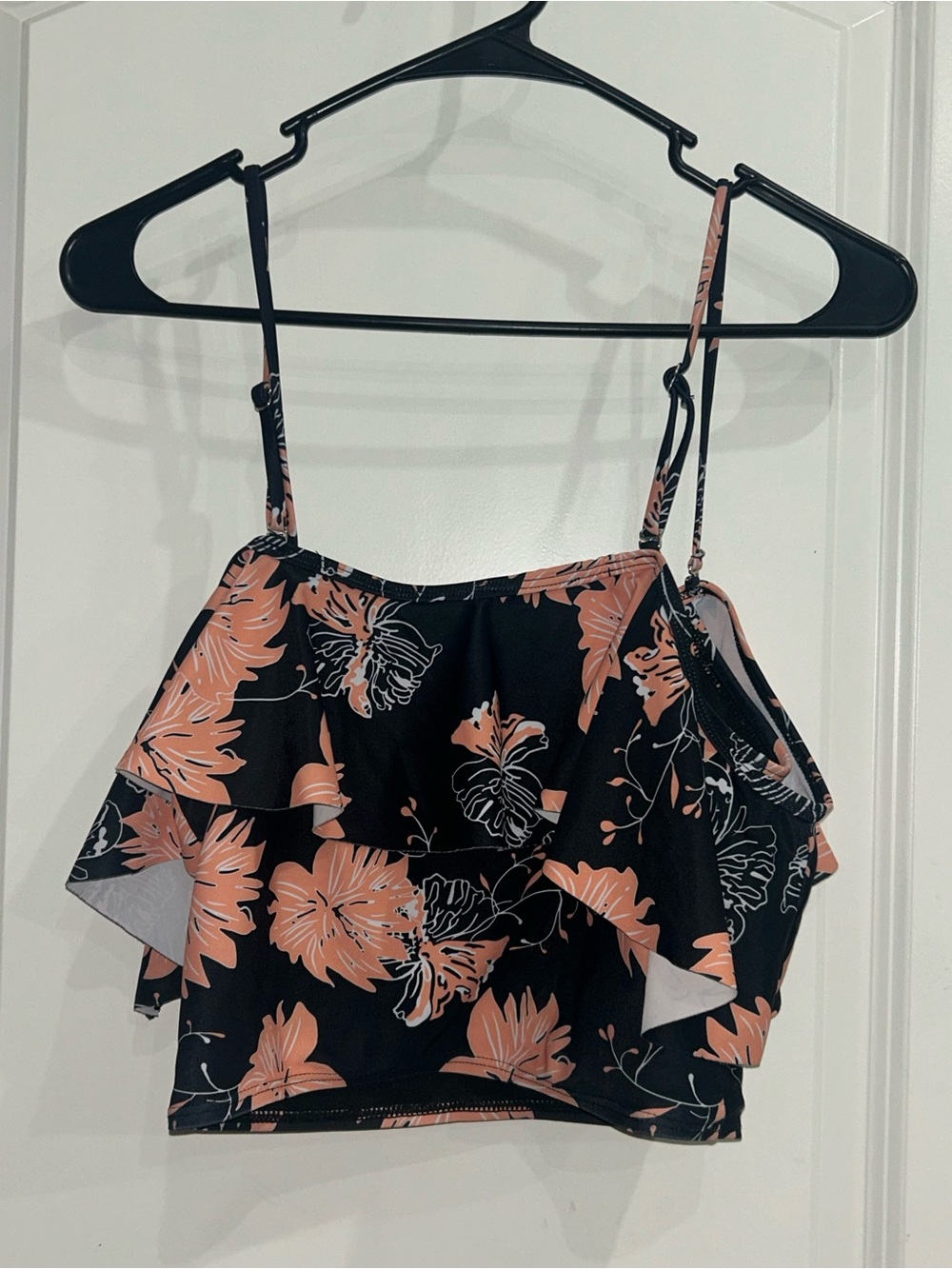 SHEIN Black & Coral Floral Ruffle Bikini Tank